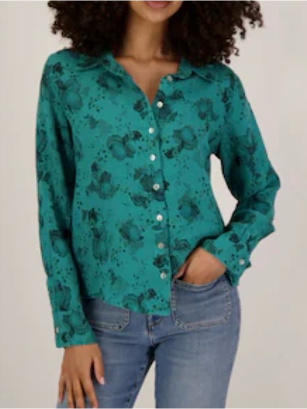 Cut Loose Linen Blouse Small S Teal Floral Button Up Shirt Made In USA NEW!